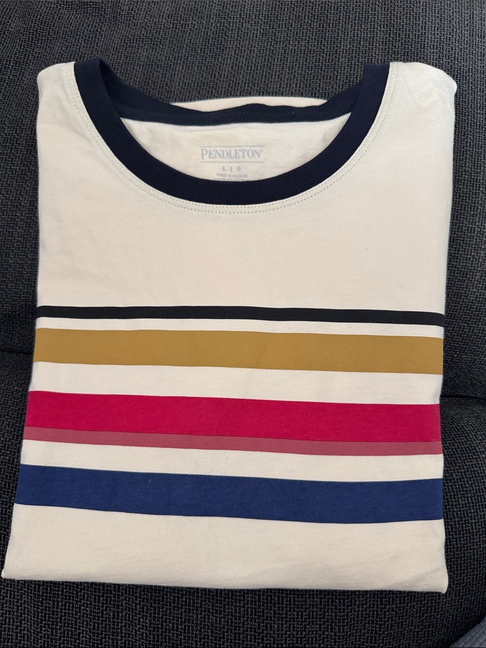 Pendleton White Tee with Navy, Mustard, Pink and Blue Stripes
